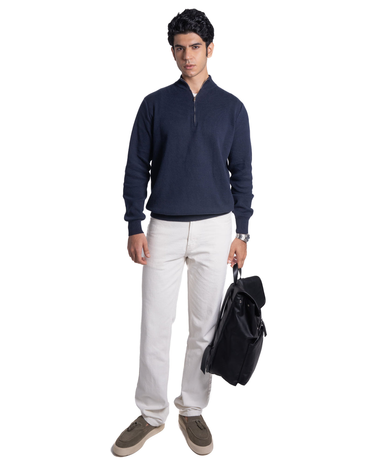 Quarter-Zip – Fitted Cotton Knit - Navy